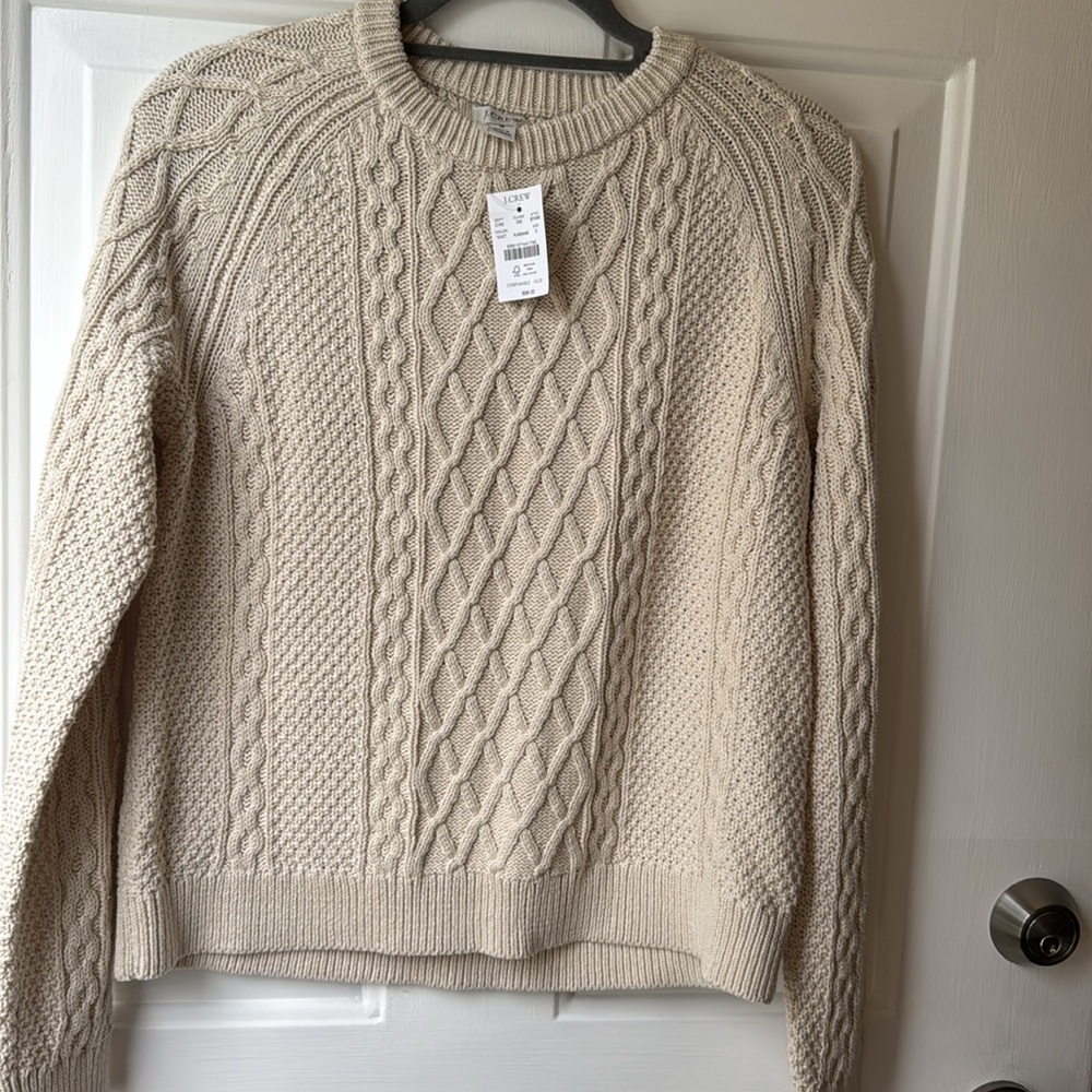 SOLD!‼️J Crew Cable Knit Sweater S cream Crew Womens BT229 Fisherman 100% cotton - Picture 4 of 7